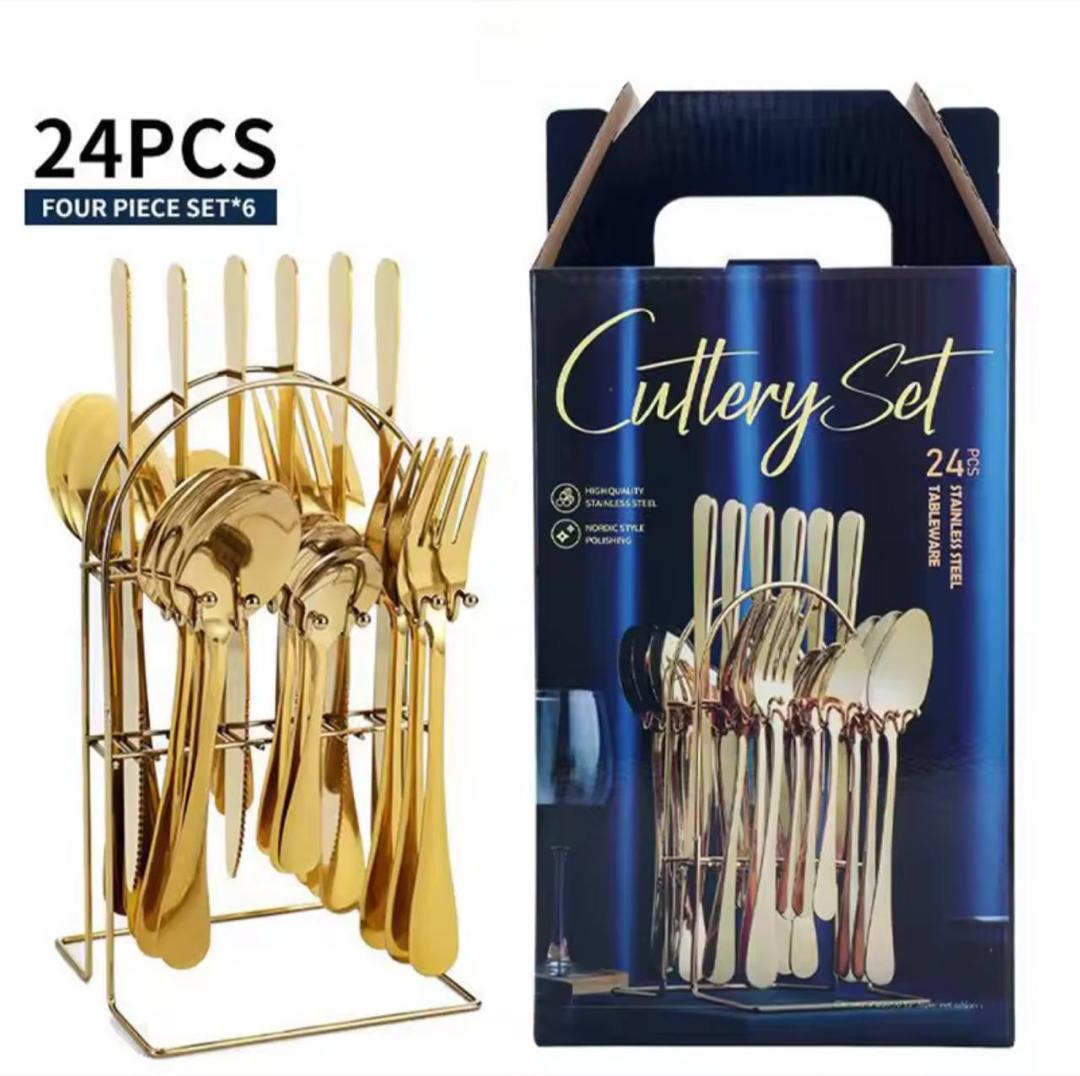 24 PCS Quality Golden Cutlery Set with Stand